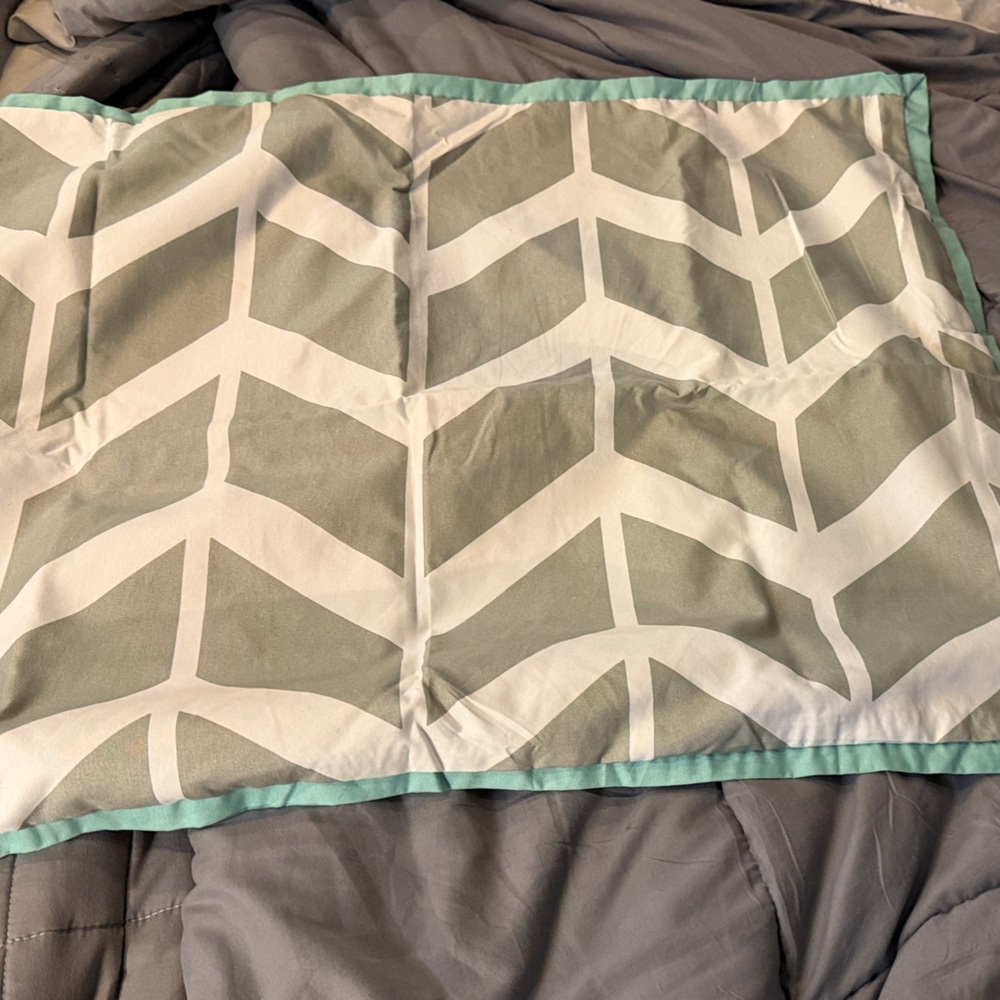 Geometric Gray and White Pillow Shams with Aqua Trim